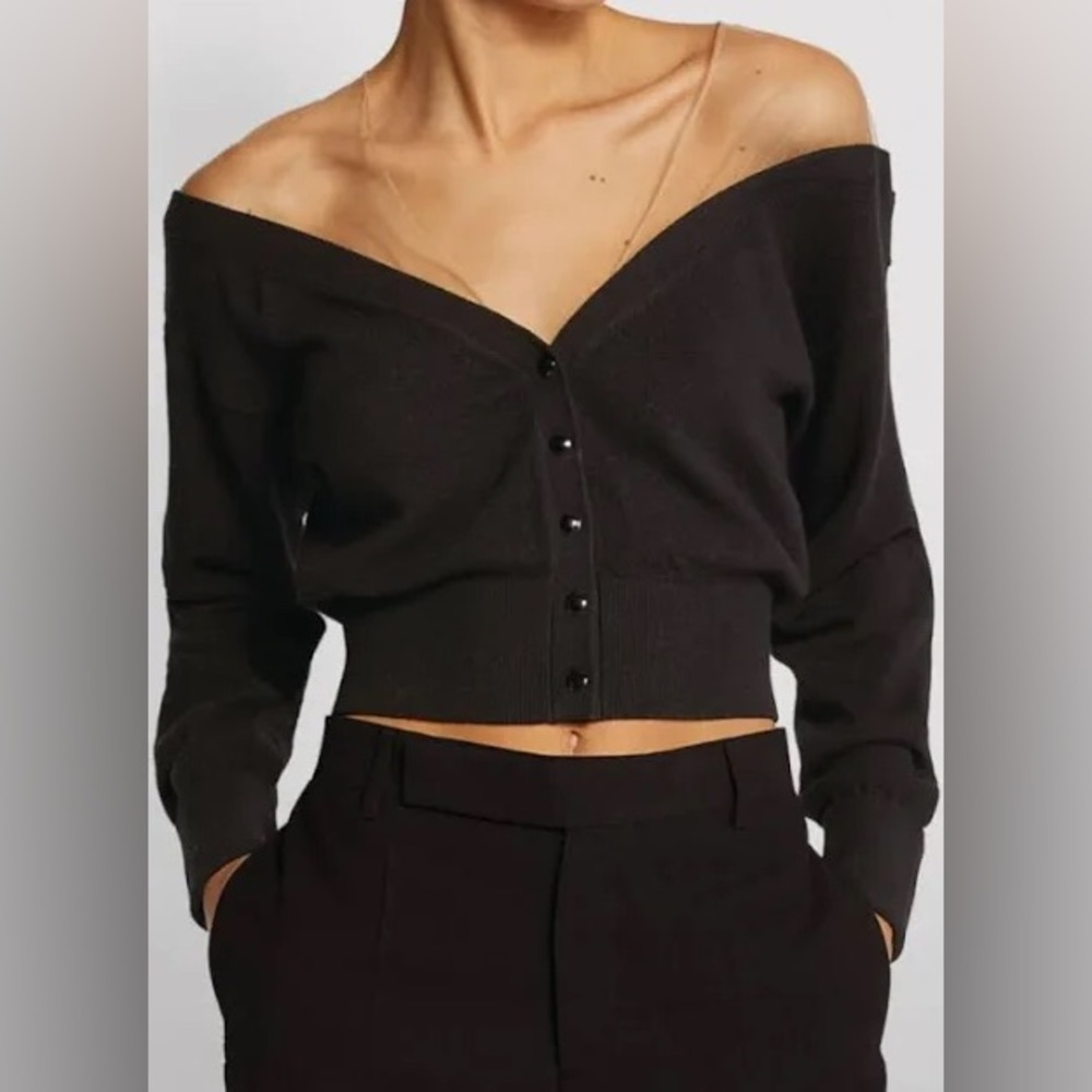 Alexander Wang Cropped Sweater Black S Fitted Yoke Mesh Wool Cashmere Classic